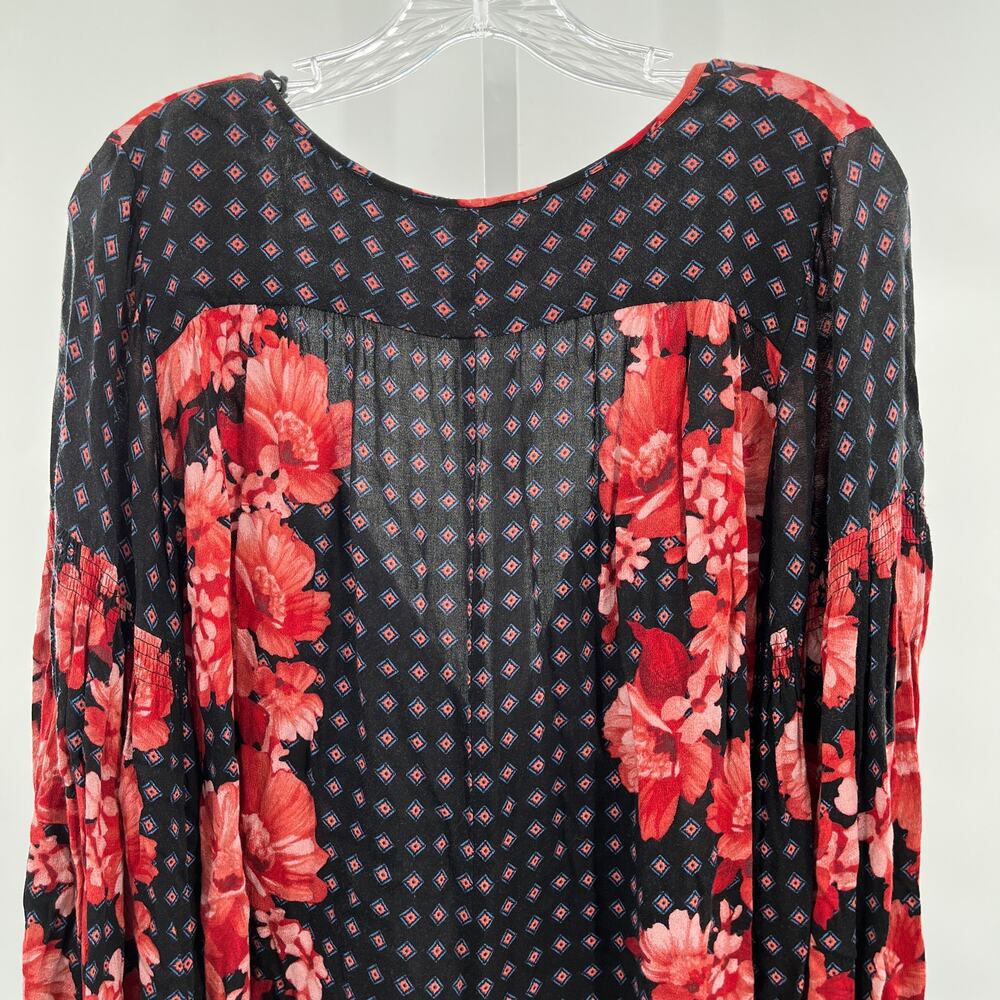 Free People Red Black Long Balloon Sleeve Floral Print V-Neck Boho Top Size XS - Picture 5 of 9